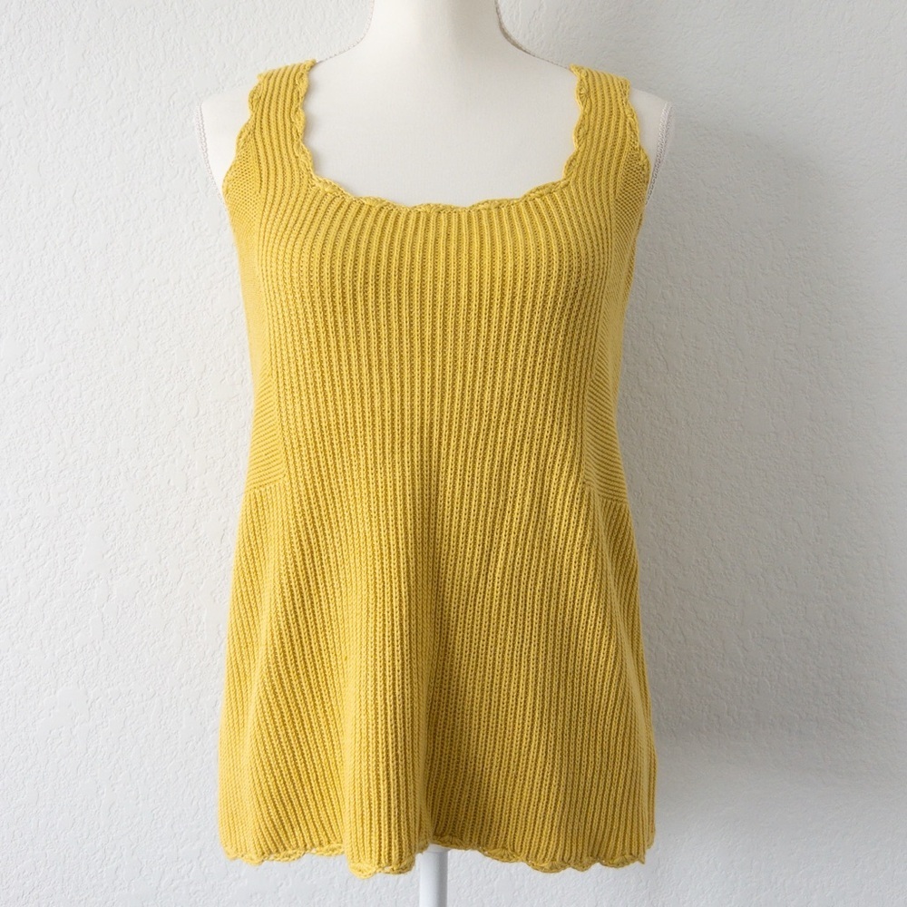 Moth Anthropologie Mustard‎ Yellow Ribbed Scalloped Square Neck Knit Tank Large